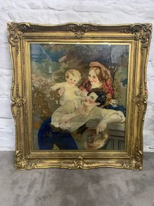 A Large 19th century plumage tapestry in a heavy guilt frame.