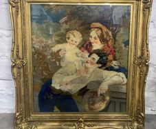 A Large 19th century plumage tapestry in a heavy guilt frame.