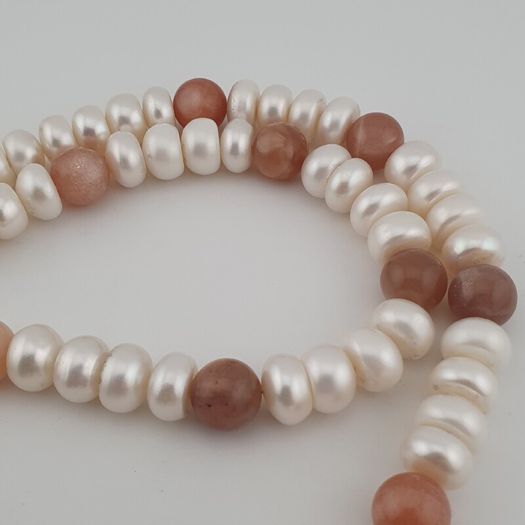 Authentic Fresh Water Pearls & Moon Stone With Melon Shape Agate Gemstone Pendant Necklace