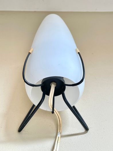 1 x Mid Century Philips Louis Kalff Wall Light Sconce, Opaline Milk Glass Black Wire Frame, 70s Dutch