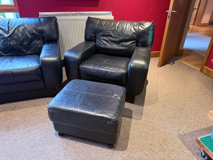 DFS Black Leather Sofa Suite 3 Seater, 2 Seater, Armchair & Footstool