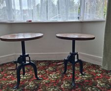 Pair of Industrial Cast Iron & Distressed Wood Crank Tables (Adjustable Height)