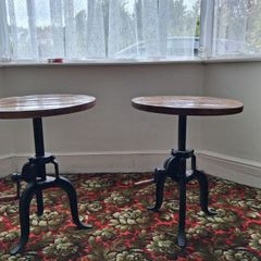 Pair of Industrial Cast Iron & Distressed Wood Crank Tables (Adjustable Height)