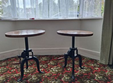 Pair of Industrial Cast Iron & Distressed Wood Crank Tables (Adjustable Height)