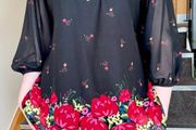 Black Floral Blouse Sheer Sleeves Tie Back -  Size XXL / 44 / 16