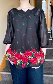 Black Floral Blouse Sheer Sleeves Tie Back -  Size XXL / 44 / 16
