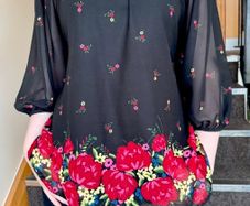 Black Floral Blouse Sheer Sleeves Tie Back -  Size XXL / 44 / 16