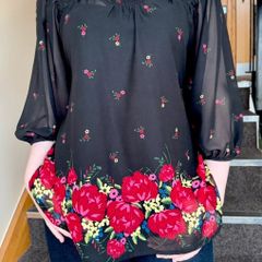 Black Floral Blouse Sheer Sleeves Tie Back -  Size XXL / 44 / 16