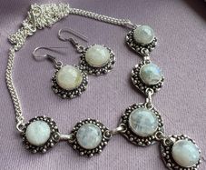 Rainbow moonstone silver necklace and earrings set