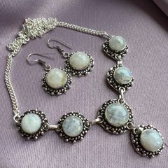 Rainbow moonstone silver necklace and earrings set