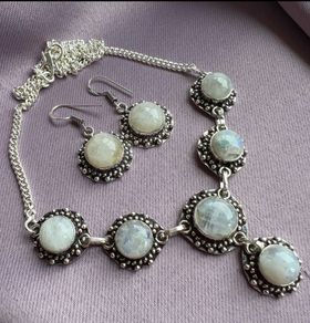 Rainbow moonstone silver necklace and earrings set