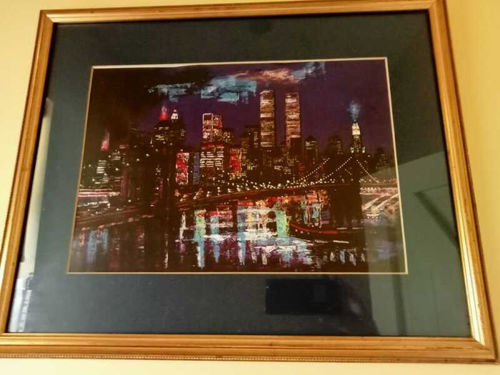 Framed New York Skyline Print - Vintage Manhattan Night / Twin Towers