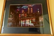 Framed New York Skyline Print - Vintage Manhattan Night / Twin Towers