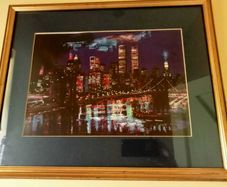 Framed New York Skyline Print - Vintage Manhattan Night / Twin Towers