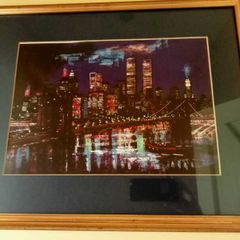 Framed New York Skyline Print - Vintage Manhattan Night / Twin Towers
