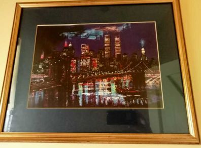Framed New York Skyline Print - Vintage Manhattan Night / Twin Towers