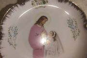 BONE CHAINA old hanging plate souvenir of first holy communion for girl STAMPED FOREIGN.