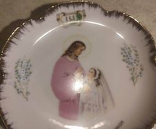 BONE CHAINA old hanging plate souvenir of first holy communion for girl STAMPED FOREIGN.
