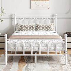 Double Bed Frame with Headboard and Footboard,Metal Platform Bed Frame Double Bed With Storage No Box Spring Needed,Strong Steel Slat Support/Mattress Base/White