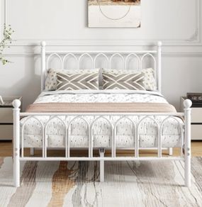 Double Bed Frame with Headboard and Footboard,Metal Platform Bed Frame Double Bed With Storage No Box Spring Needed,Strong Steel Slat Support/Mattress Base/White