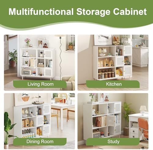 Rattan Bookcase, Storage Sideboard Cabinet with Metal Legs, Wooden Bookshelf with 3 Door, 6 Open Compartments, Freestanding Display Rack for Living Room, Study,102x29x96cm(White)