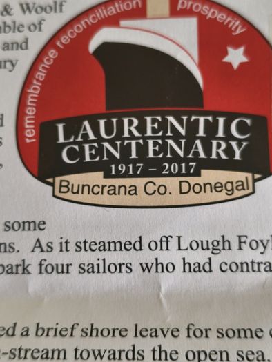 Framed print picture of remembrance reconciliation prosperity LAURENTIC CENTENARY 1917-2017 Buncrana Co. Donegal