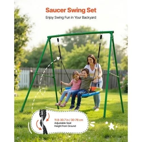 Swing Set for Backyard, 100 cm Saucer Swing Seat with Heavy Duty A-Frame Metal Stand, 199.6 kg Load Capacity, Reinforced with Spiral Ground Anchors, Swingset Outdoor for Kids, Green and Colorful