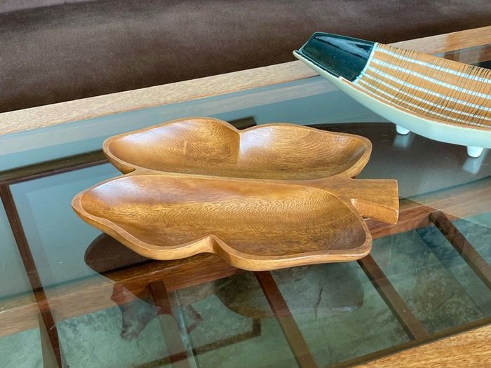 Vintage Teak Wood Serving Butterfly Leaf Shaped Bowl Two Section Tray