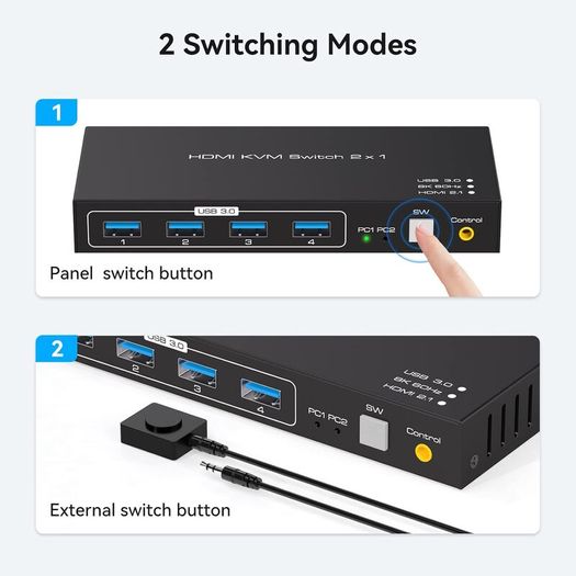 2-port Hdmi Kvm Switch 4k/8k, Usb 3.0 Hub