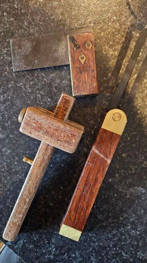 Marking gauge, square and sliding bevel