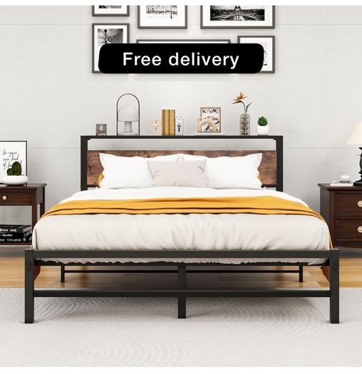King Size bed frame With Wood Storage Headboard