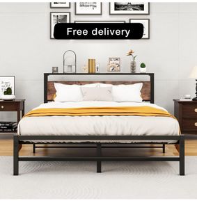 King Size bed frame With Wood Storage Headboard