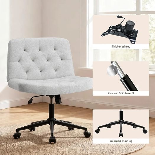 Mid-Back Cross-legged Desk Chair, Vanity Chair Dressing Table With Armless Seat for Home Office, Living Room, Bedroom(Grey)