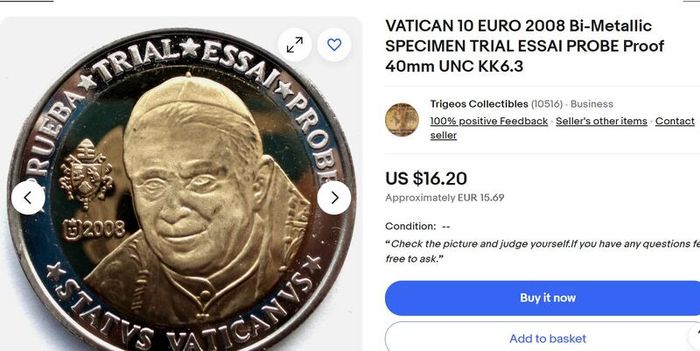 Vatican 2008 10 Euro Bi-Metallic Specimen Trial Probe