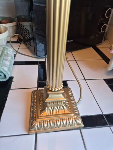 Tall lamp Vintage Gold metal Neoclassical  column lamp with silk called fringed tassled shade