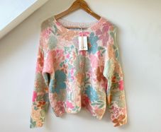 BNWT FRNCH Paris Pastel Floral Intarsia Knit Sweater Pink Blue Cream S/M