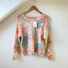 BNWT FRNCH Paris Pastel Floral Intarsia Knit Sweater Pink Blue Cream S/M