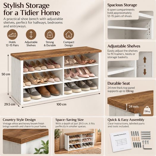 Shoe Storage Bench with Adjustable Shelves 12 to 15 Pairs