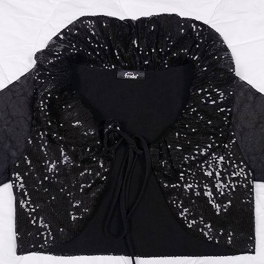 Miss Frida Black Y2K Goth Sequined Sparkly Lace Sleeve Cropped Bolero Shrug Cardigan Size S