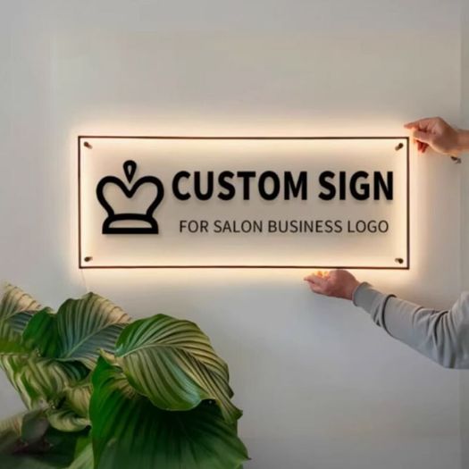 Custom Acrylic Wall Signs - LED Backlit or Clear Gold Lettering, Any Logo