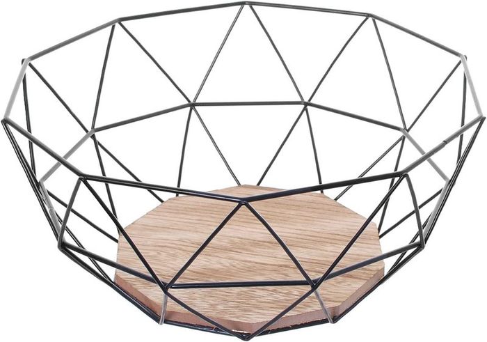 Black Geometric Metal Wire Wooden Base Decorative Storage/ Display Basket Fruit Bowl