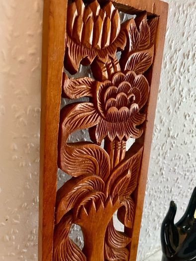 Hand Carved Long Balinese Wooden Sunflower Floral Relief Wall Art Decor Panel