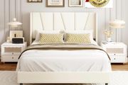 Double Bed Frame with Headboard, Velvet Geometric Tufted Upholstered Platform Bed Frames, Contemporary Mattress Foundation, No Box Spring Needed, Noise Free, Easy Assembly, Beige