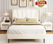Double Bed Frame with Headboard, Velvet Geometric Tufted Upholstered Platform Bed Frames, Contemporary Mattress Foundation, No Box Spring Needed, Noise Free, Easy Assembly, Beige