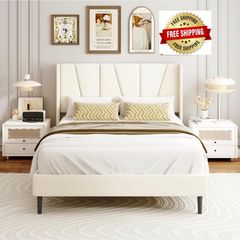 Double Bed Frame with Headboard, Velvet Geometric Tufted Upholstered Platform Bed Frames, Contemporary Mattress Foundation, No Box Spring Needed, Noise Free, Easy Assembly, Beige