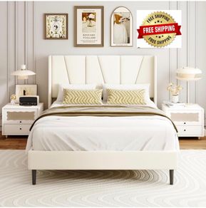 Double Bed Frame with Headboard, Velvet Geometric Tufted Upholstered Platform Bed Frames, Contemporary Mattress Foundation, No Box Spring Needed, Noise Free, Easy Assembly, Beige