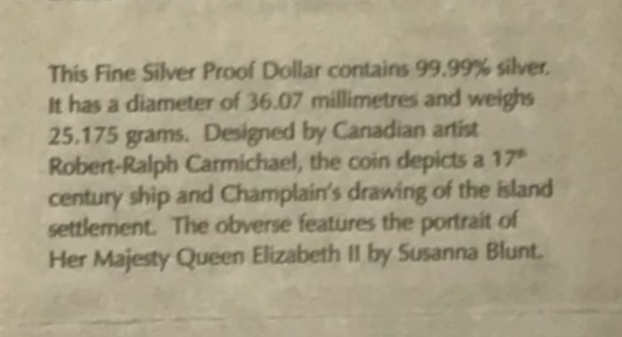 2004 Canada  .999 Silver Proof 400th Anniversary French Settlement 1 Dollar coin (25 gram)