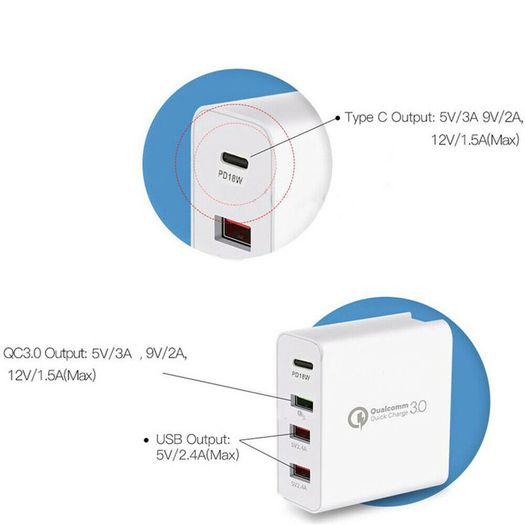 QC 3.0 & PD USB 4 Ports Wall Fast Charger 48W [2 Power Plugs (US/UK)] (Brand New/Warranty)