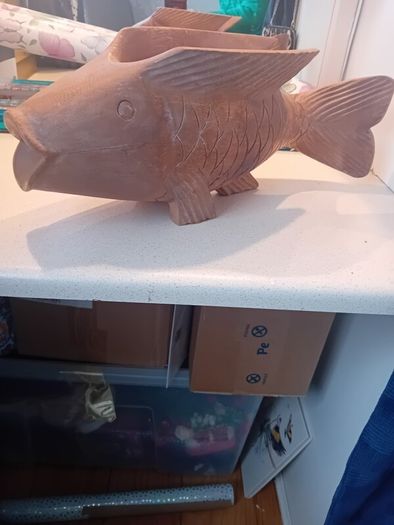 Large Koi Carp  Vintage Planter Wooden Handcarved
