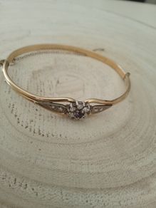 Vintage Rolled Gold Bangle Bracelet  Amethyst  Clear Stone Cluster